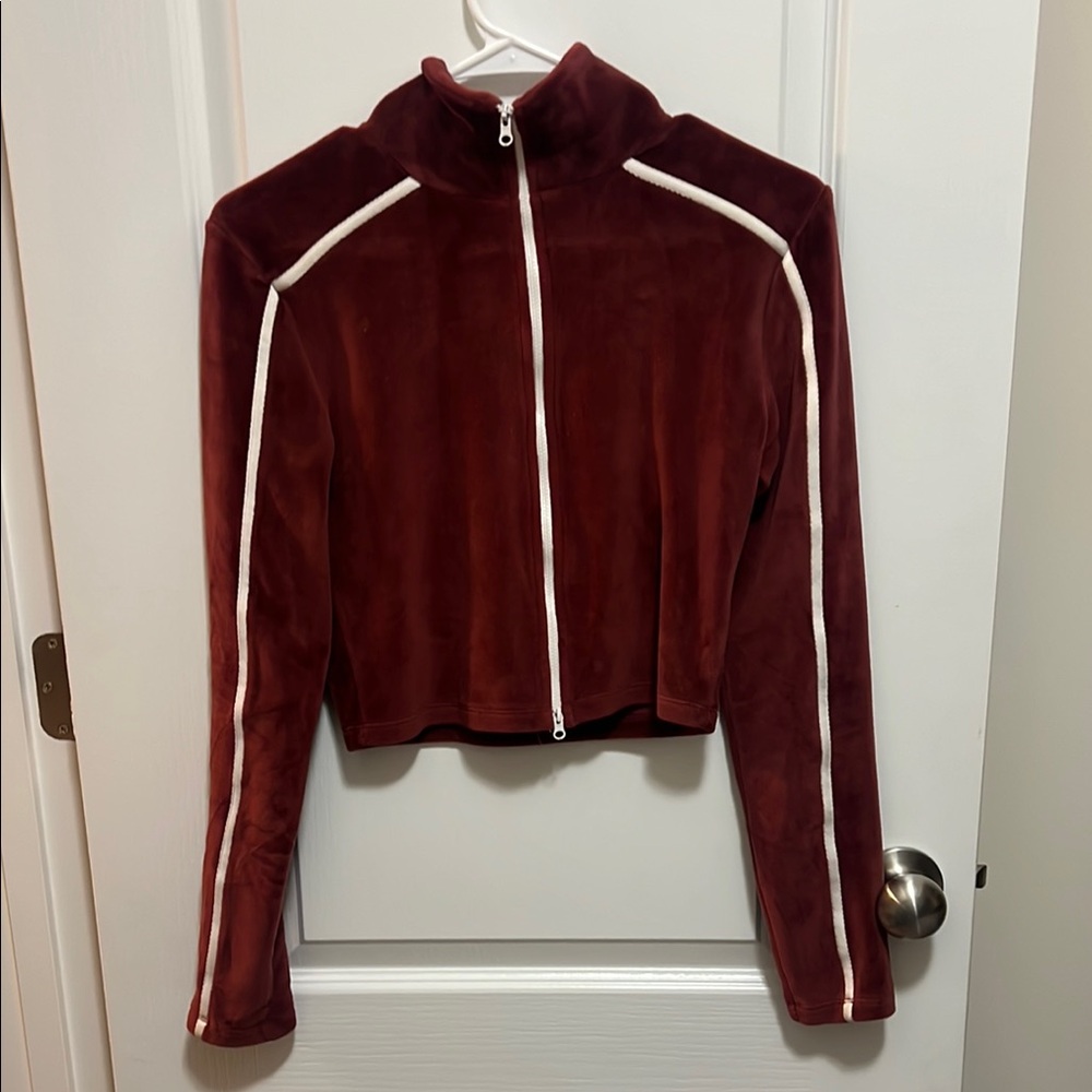 Urban Outfitters Women's Velvet Burgundy Jacket with White Accents